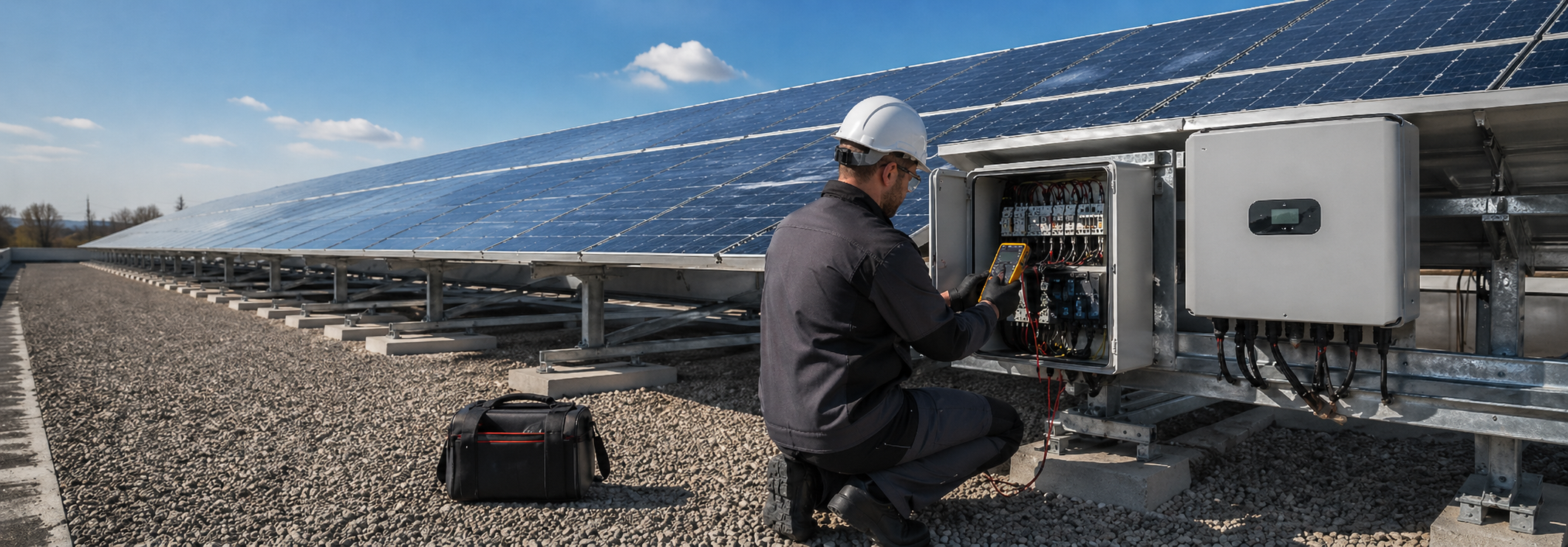Ein Prüftechniker prüft mit einem Messgerät eine Photovoltaikanlage