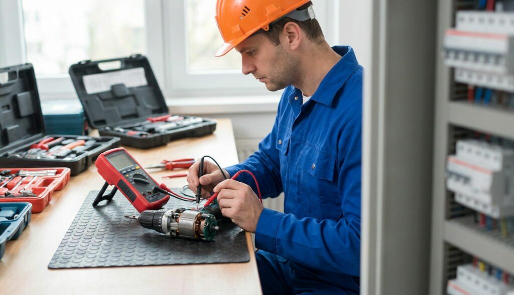Ein Prüftechniker prüft mit einem Multimeter einen Akkuschrauber