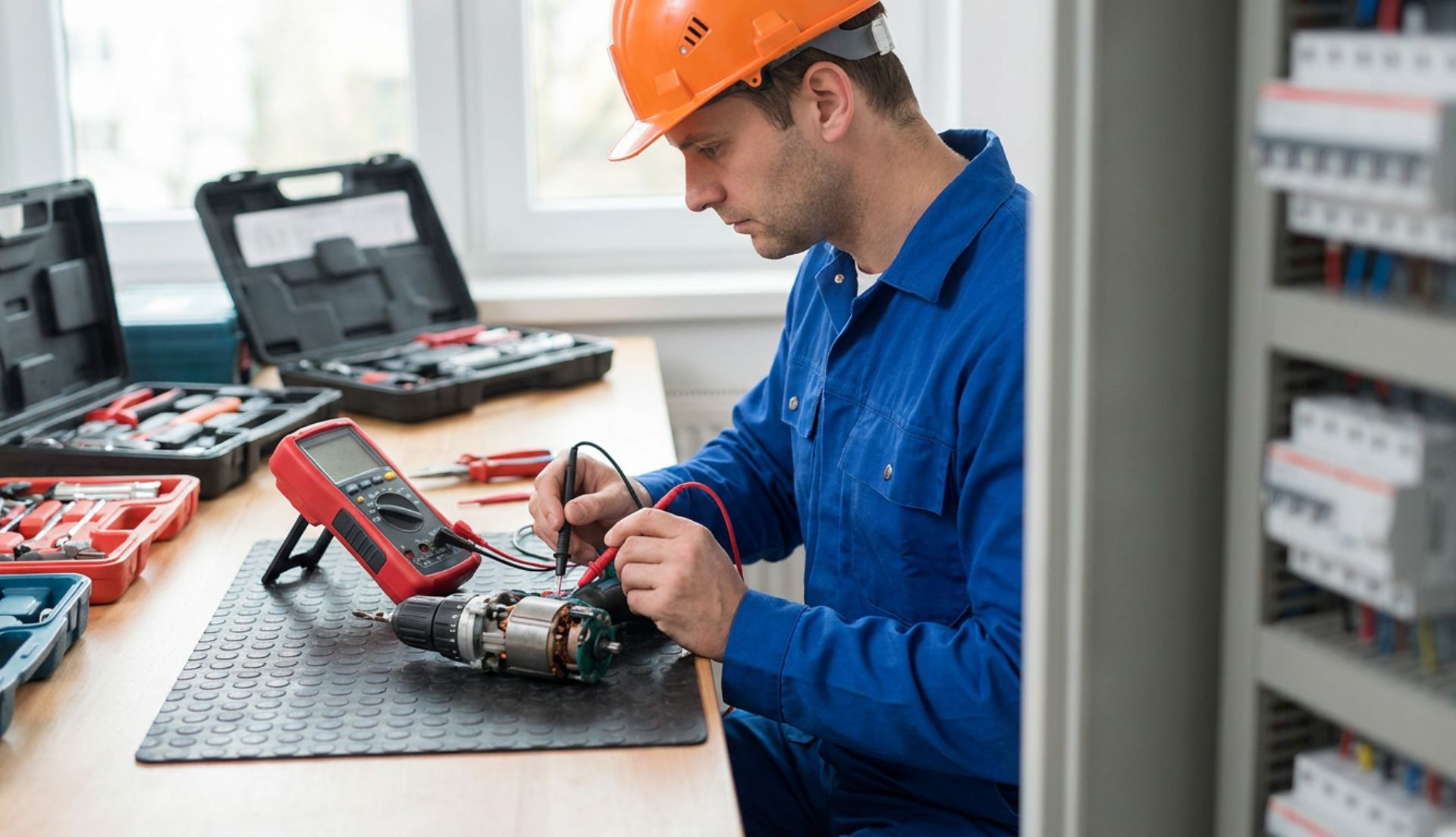 Ein Prüftechniker prüft mit einem Multimeter einen Akkuschrauber