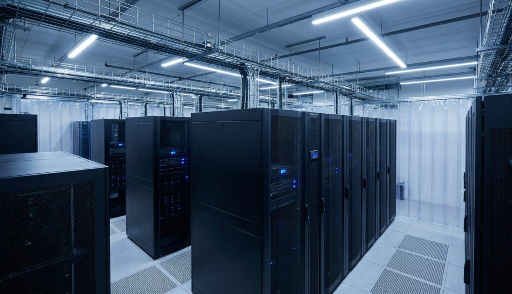 Ein Rechenzentrum mit mehreren Serverschränken in einem hell beleuchteten sterilem Raum