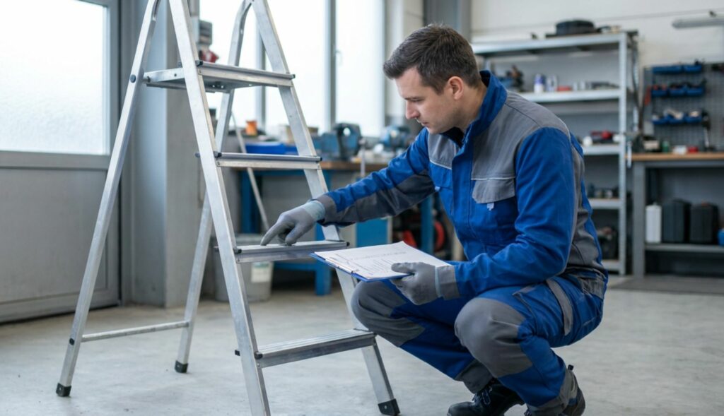 Ein Prüftechniker inspiziert eine Aluminium-Klappleiter
