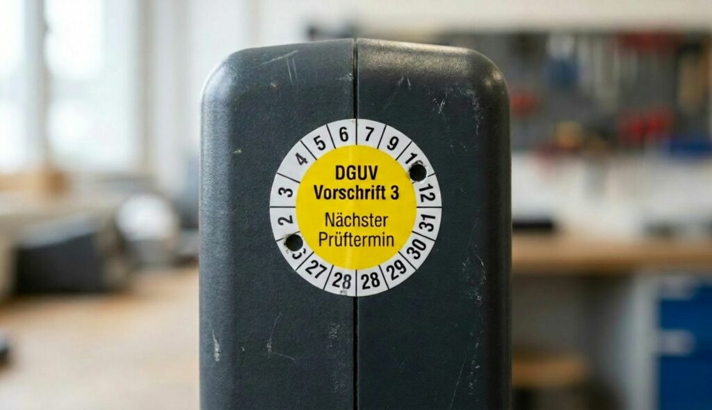 Eine DGUV V3 Prüfplakette auf einem elektrischen Gerät mit der Info, dass der nächste Prüftermin im Oktober 2026 ist