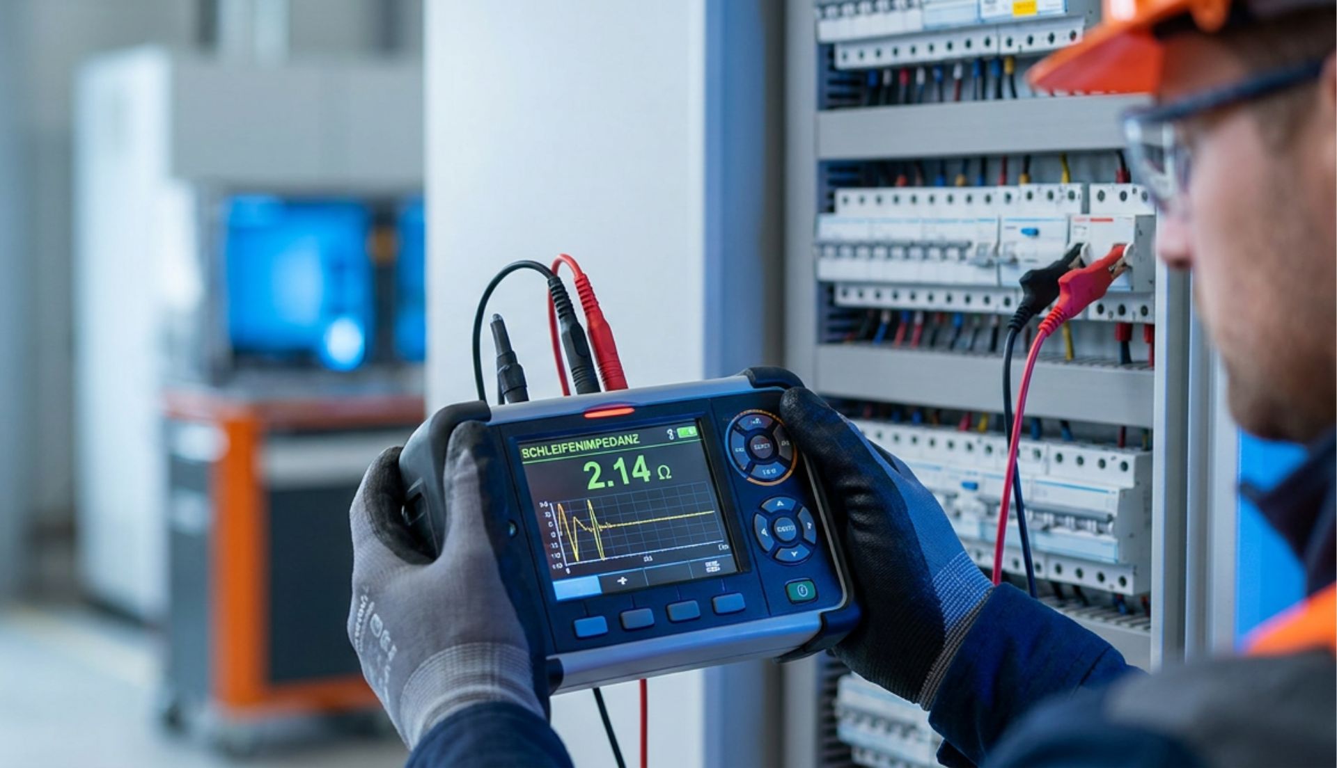 Ein Elektriker prüft mit einem Messgerät die Scheifenimpedanz einer elektrischen Installation