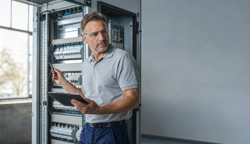 Eine männliche Person steht vor einem elektrischen Schaltschrank und zeigt mit einem Kugelschreiber darauf